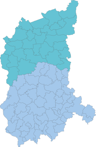 Mapa województwa lubuskiego w podziale na gminy z wyróżnieniem gmin, za które odpowiada Urząd Statystyczny w Zielonej Górze oraz Oddział w Gorzowie Wlkp.